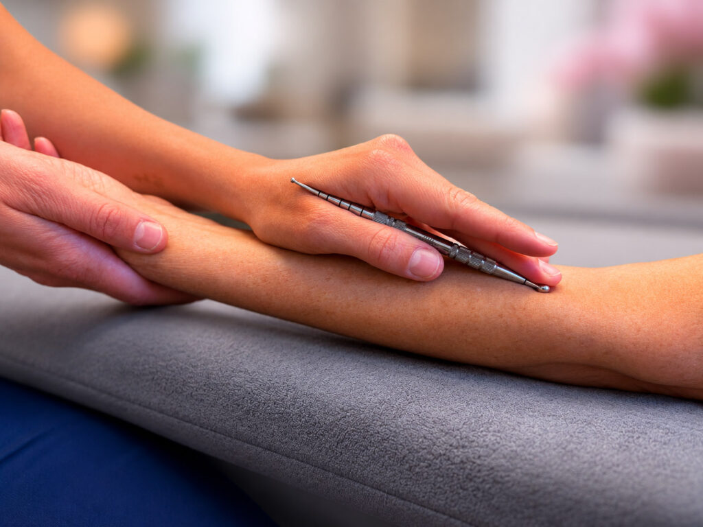 Hände einer Physiotherapeutin und einer Patientin bei einer Meridianbehandlung