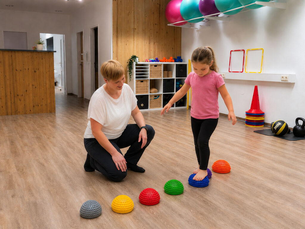 Physiotherapeutin und Kind bei der Kinderphysiotherapie